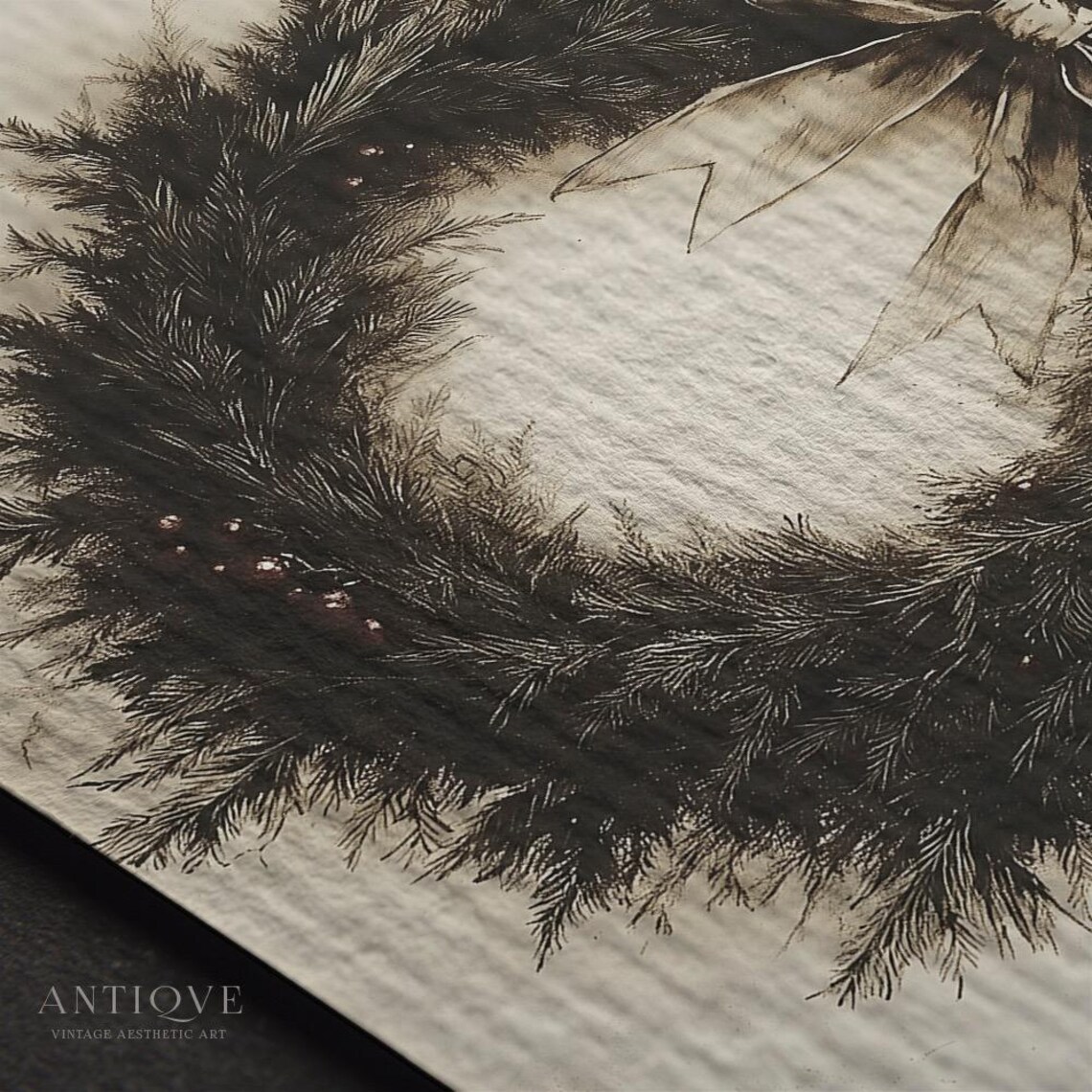 Christmas Wreath With Bow Sketch, Rustic Holiday Art - Image 3