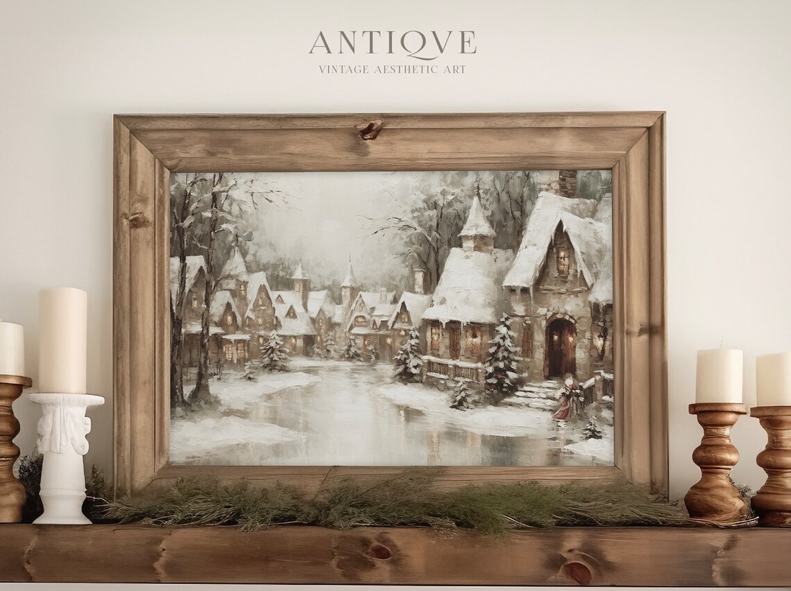 Christmas Village Street, Rustic Farmhouse Art Print - Image 2