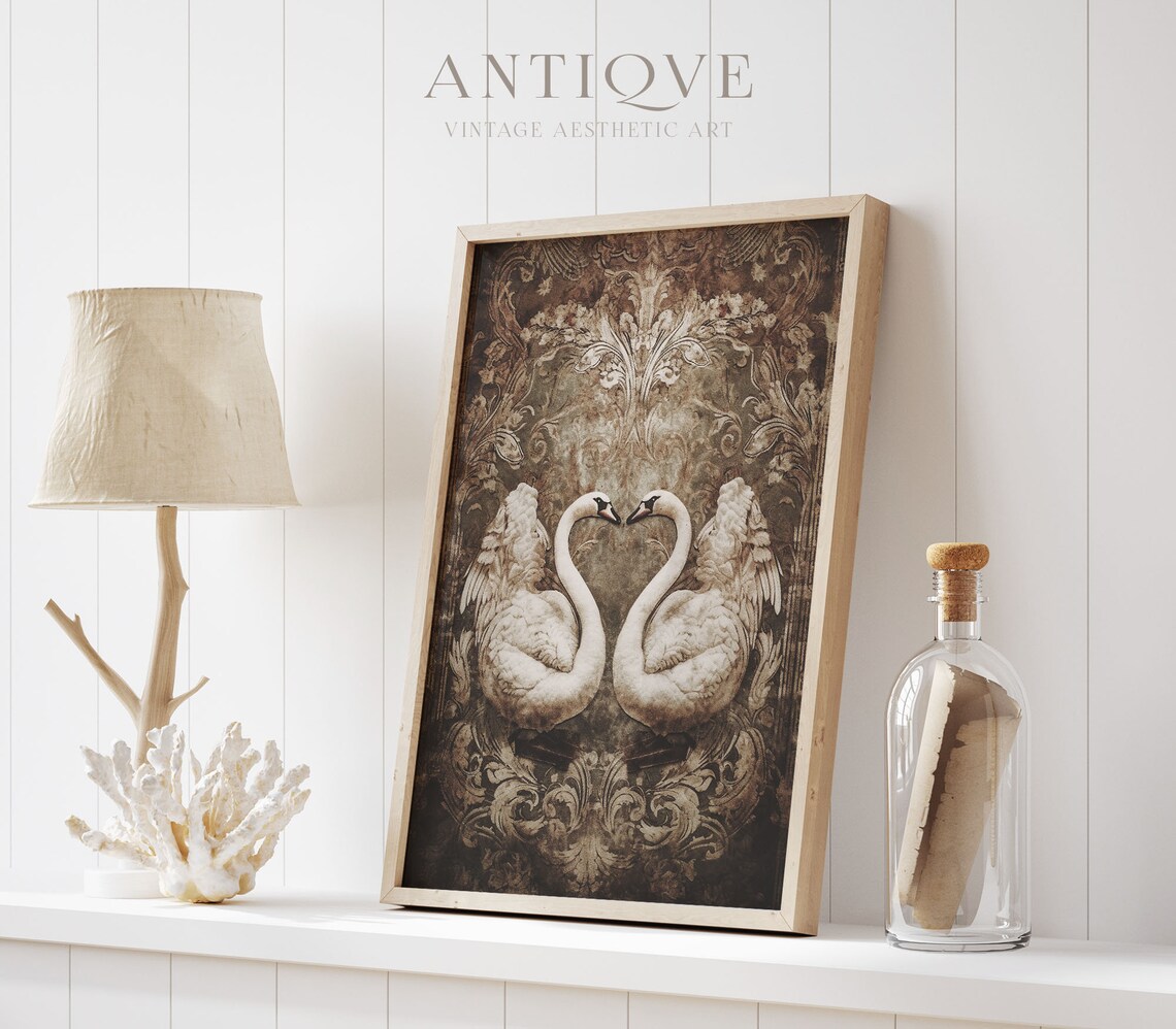 Symmetrical Tapestry Of Two White Swans, Wall Art Print - Image 3