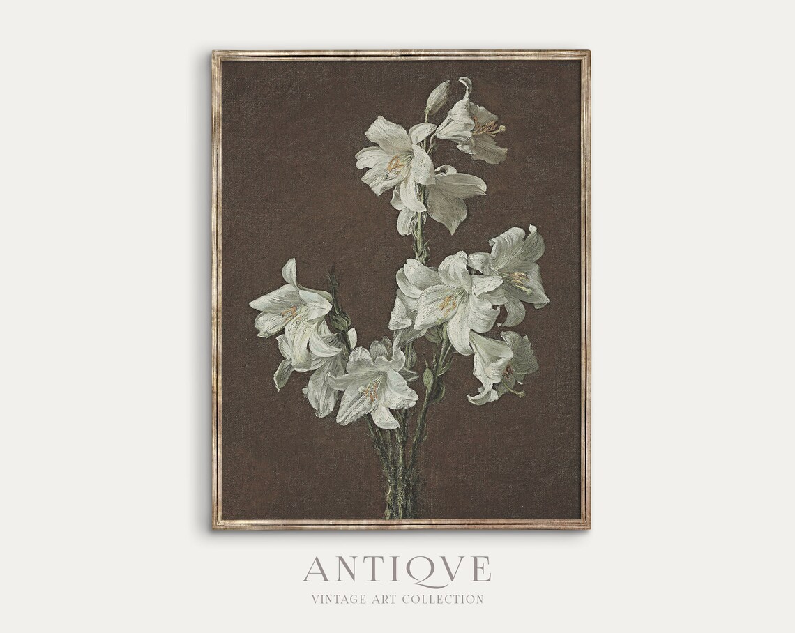 White Lilies on Dark Background Vintage Floral Oil Painting Print