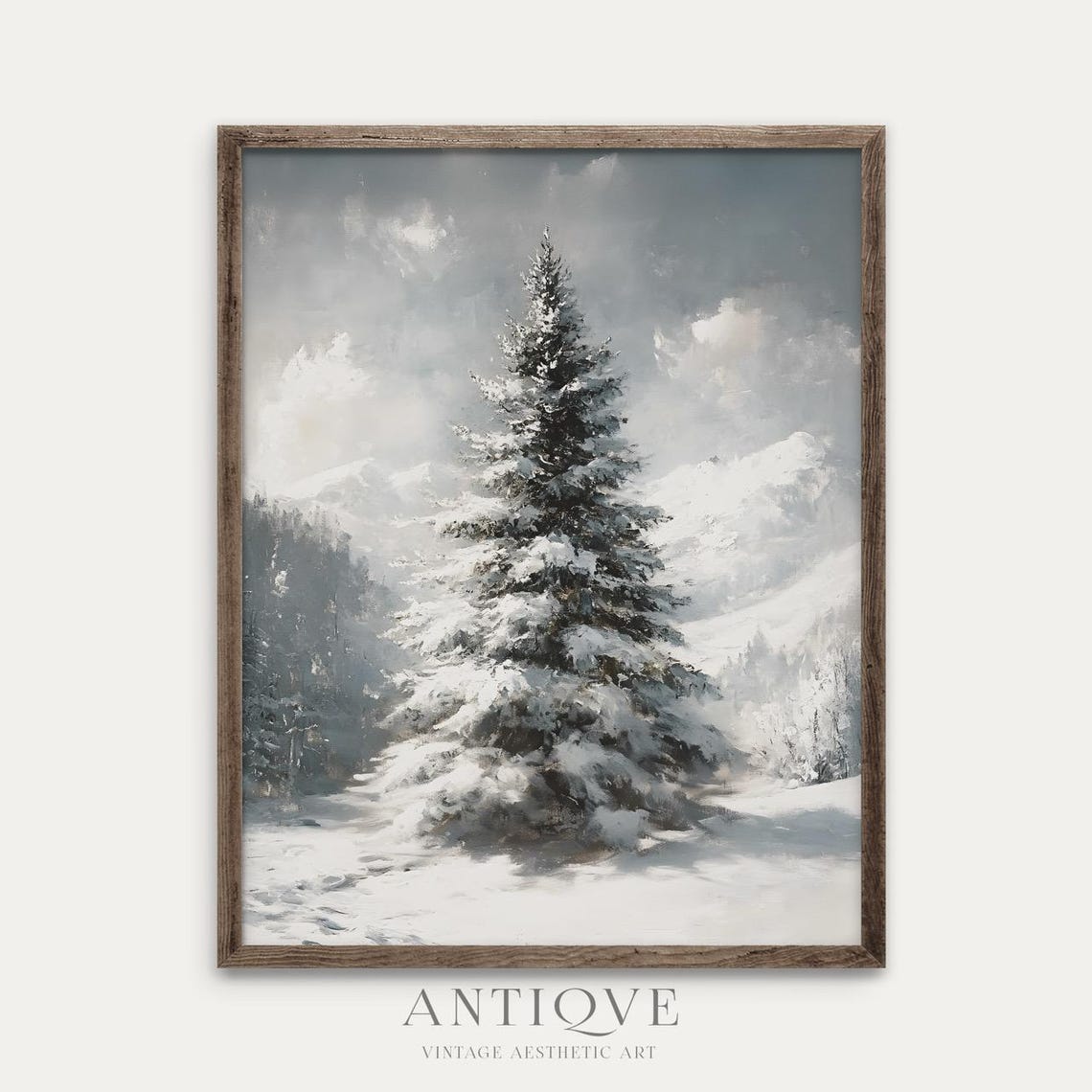 Snow Covered Pine Tree In Winter Mountains Landscape Art Poster