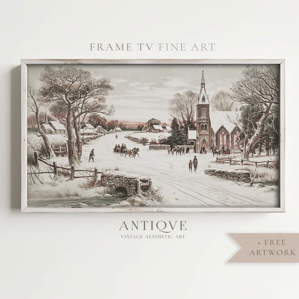 Snowy Village Painting, Winter Landscape Art