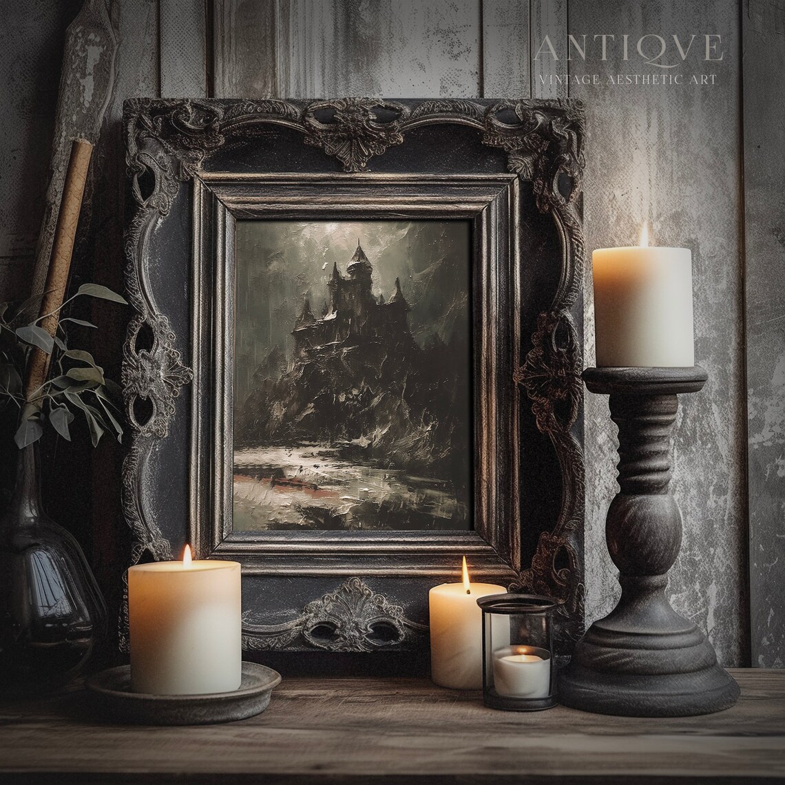 Stormy Night Castle Cliff Dark Gothic Oil Painting Style Poster - Image 4