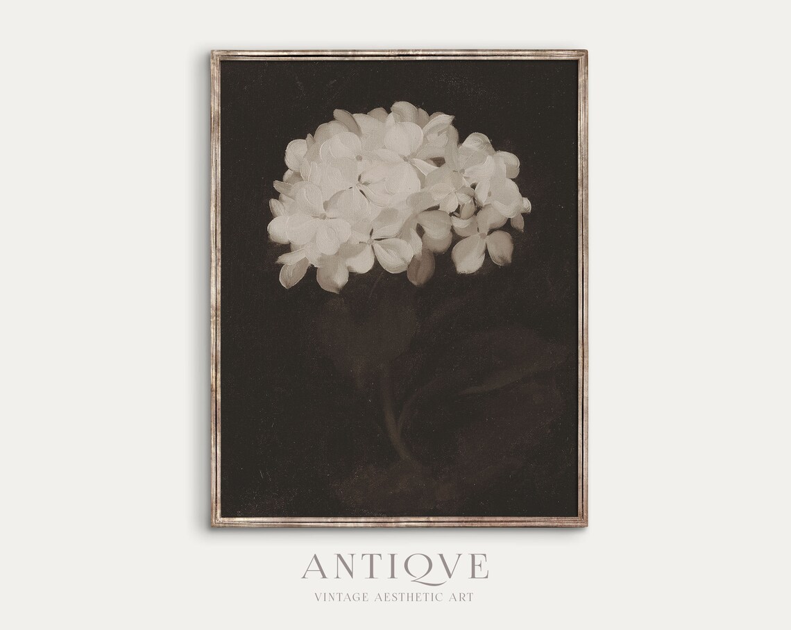 Moody Hydrangea Vintage Still Life, Antique Floral