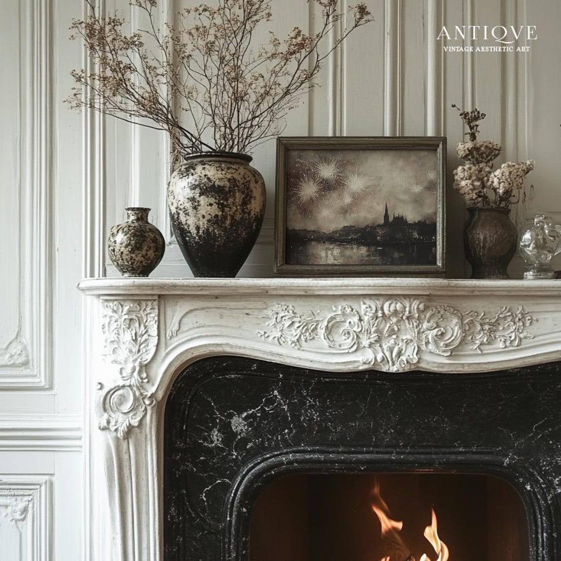 Fireworks Over City Skyline Moody Oil Painting New Year Print - Image 2
