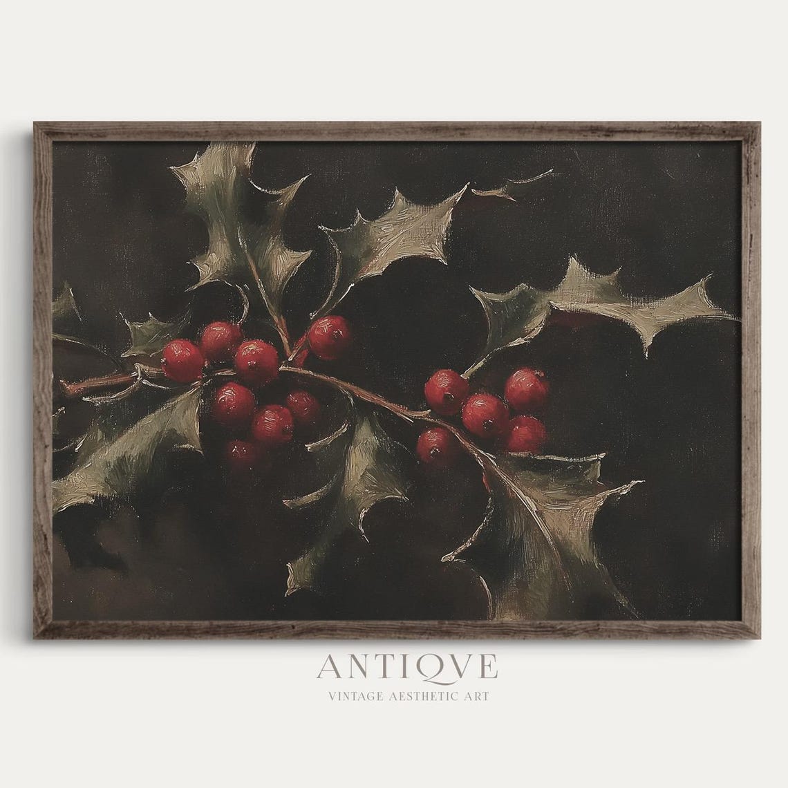 Holly And Berries Moody Oil Painting Rustic Christmas Decor Print - Image 4