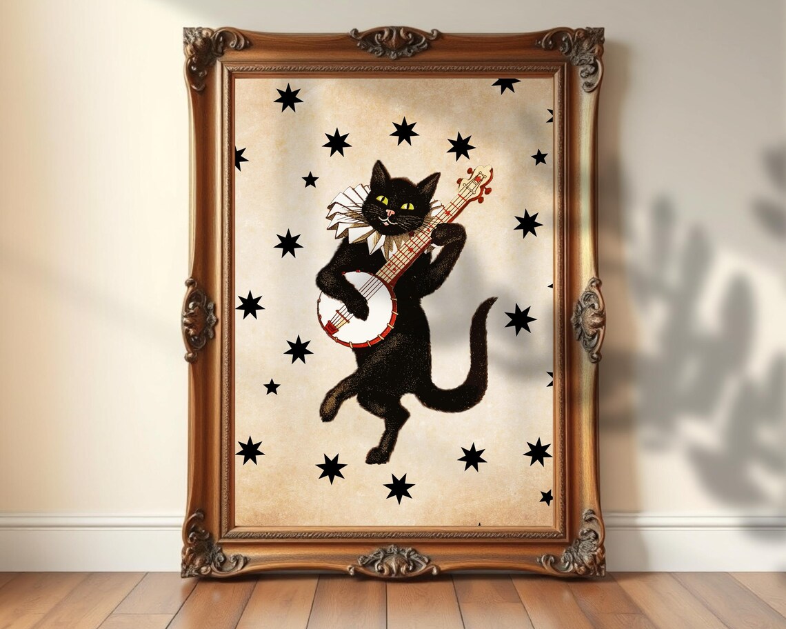 Vintage Black Cat Banjo Poster, Retro Celestial Art
