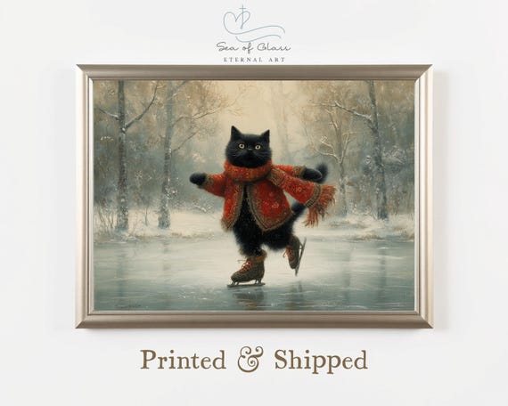 Black Cat Ice Skating Vintage Style Oil Painting Print Mailed Funny Holiday Art Whimsical Winter Decor
