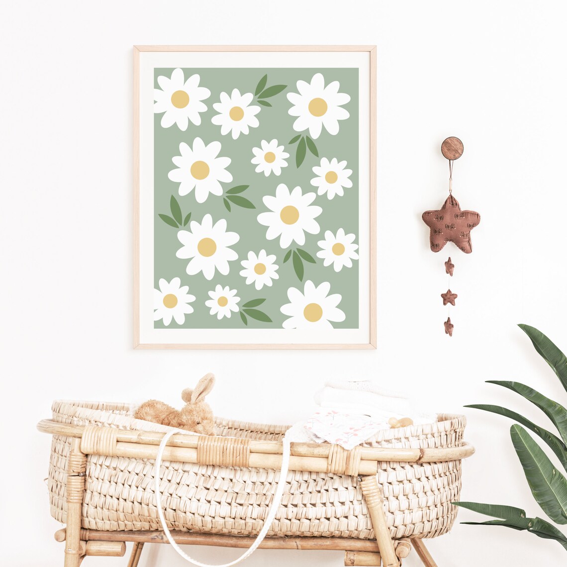 Boho Daisy Nursery Art Print, Sage Green Floral Decor