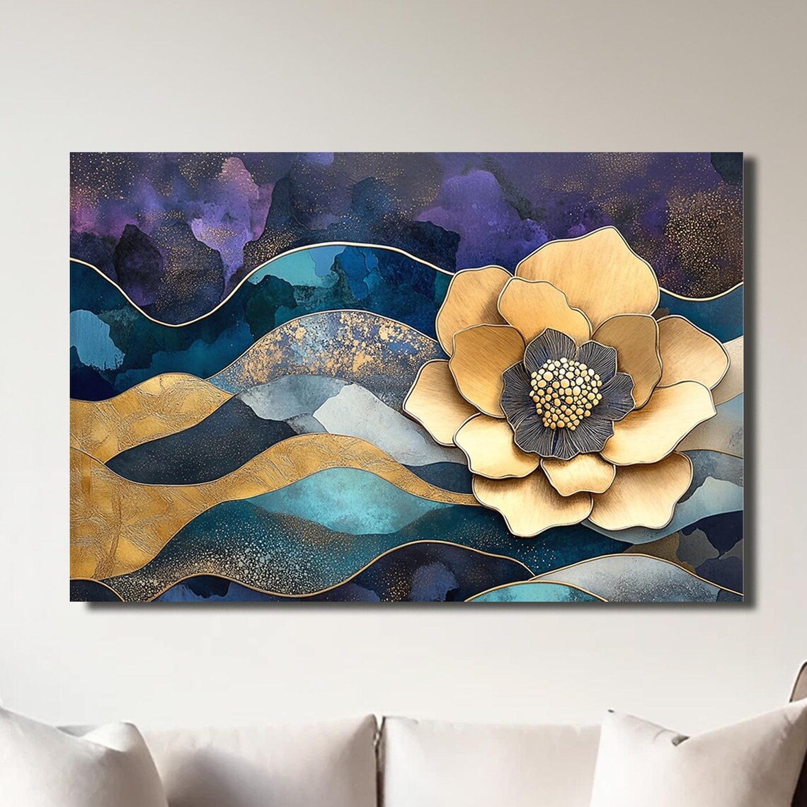 Luxury Gold 3D Flower Teal Purple Waves Glitter Floral Art Poster