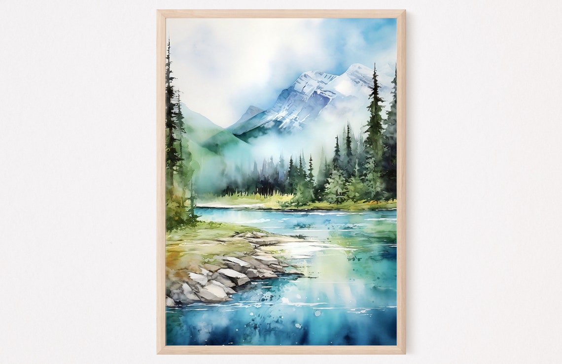 Banff National Park Snowy Peak Misty Pine River Watercolor Poster