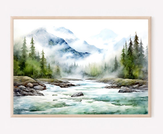 Mountain River Watercolor Neutral Wall Art Panoramic Landscape Minimalist Wall Art Mountains Painting Green Nature Art Print