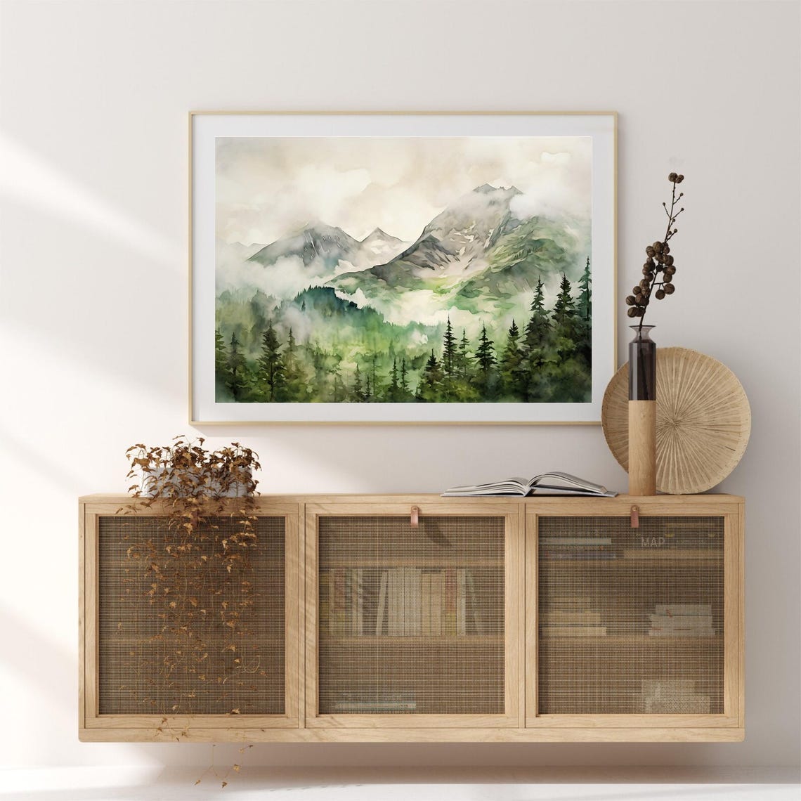 Foggy Mountain Forest Green Mist Watercolor Nature Art Poster - Image 4