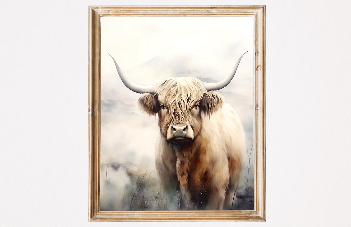 Highland Cow Portrait Shaggy Longhorn Watercolor Rustic Art Poster - Image 3