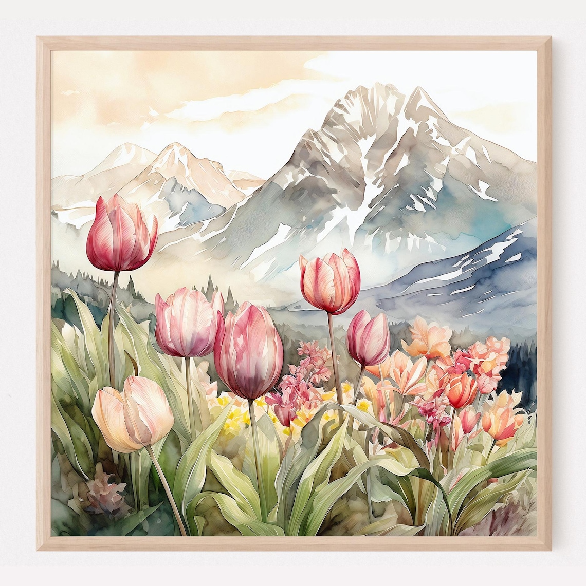 Tulips Flower Mountain Landscape Watercolor Art Print
