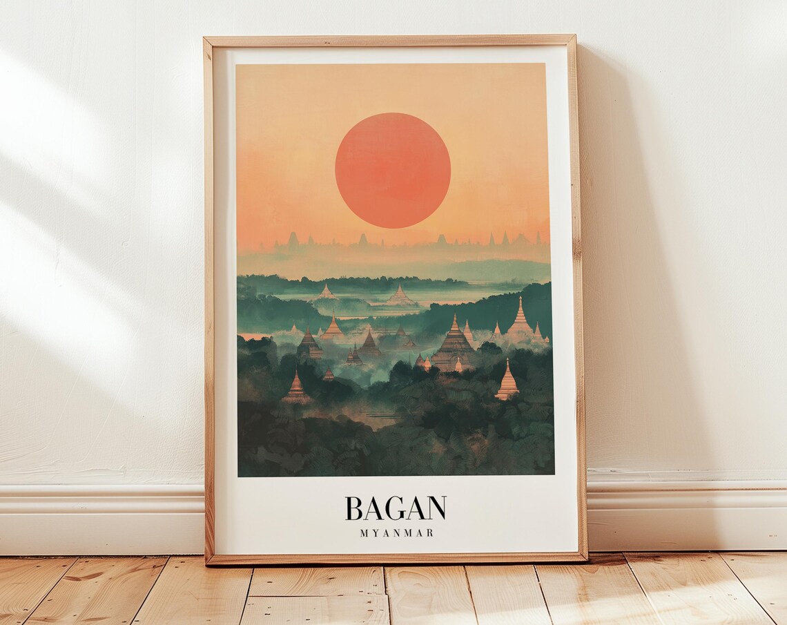 Bagan Myanmar Temple Plains Giant Red Sun Mist Retro Travel Poster