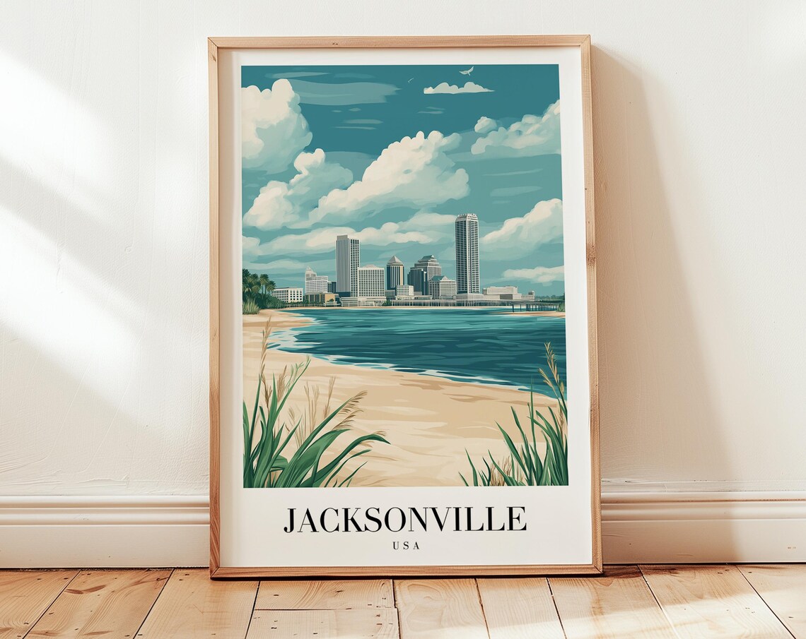 Jacksonville Beach Skyline Coastal Vintage Travel Poster Home Decor