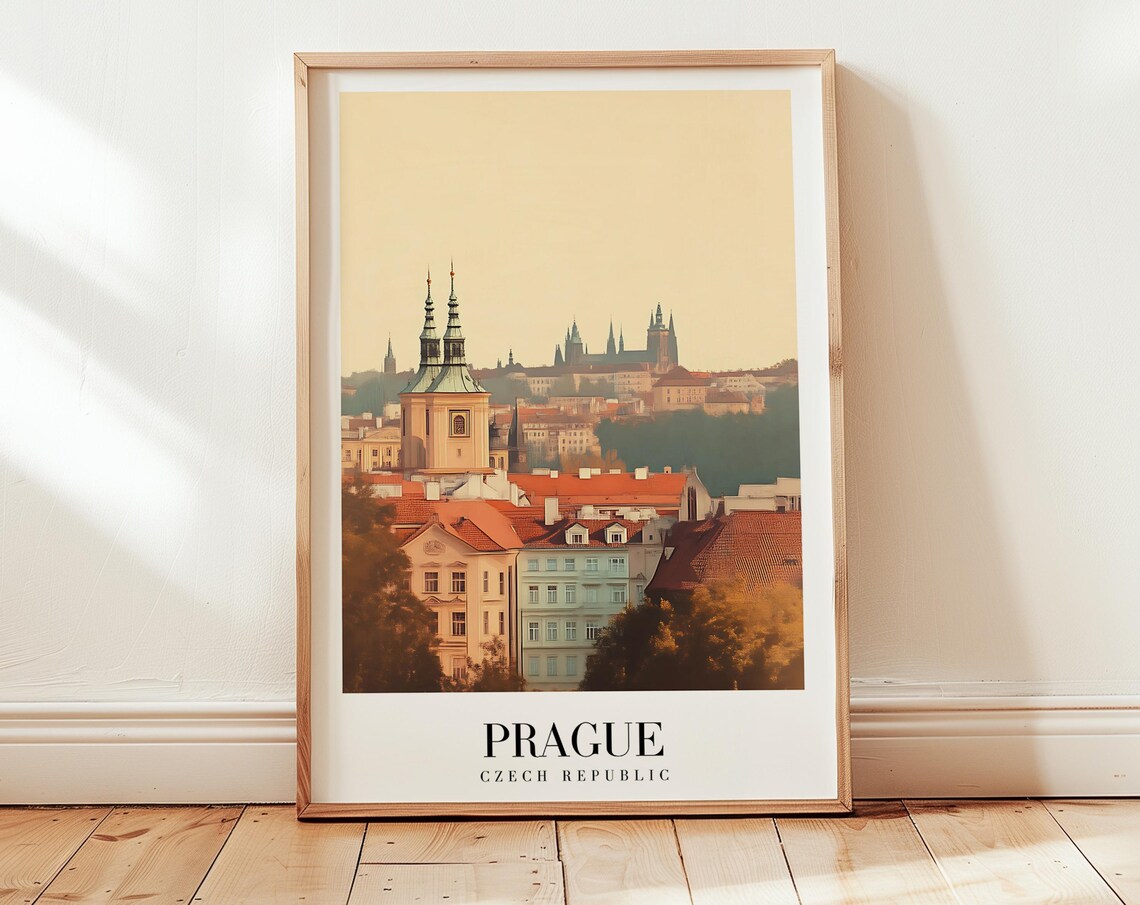 Prague Czech Republic Spires Castle Sunset Minimalist Travel Poster