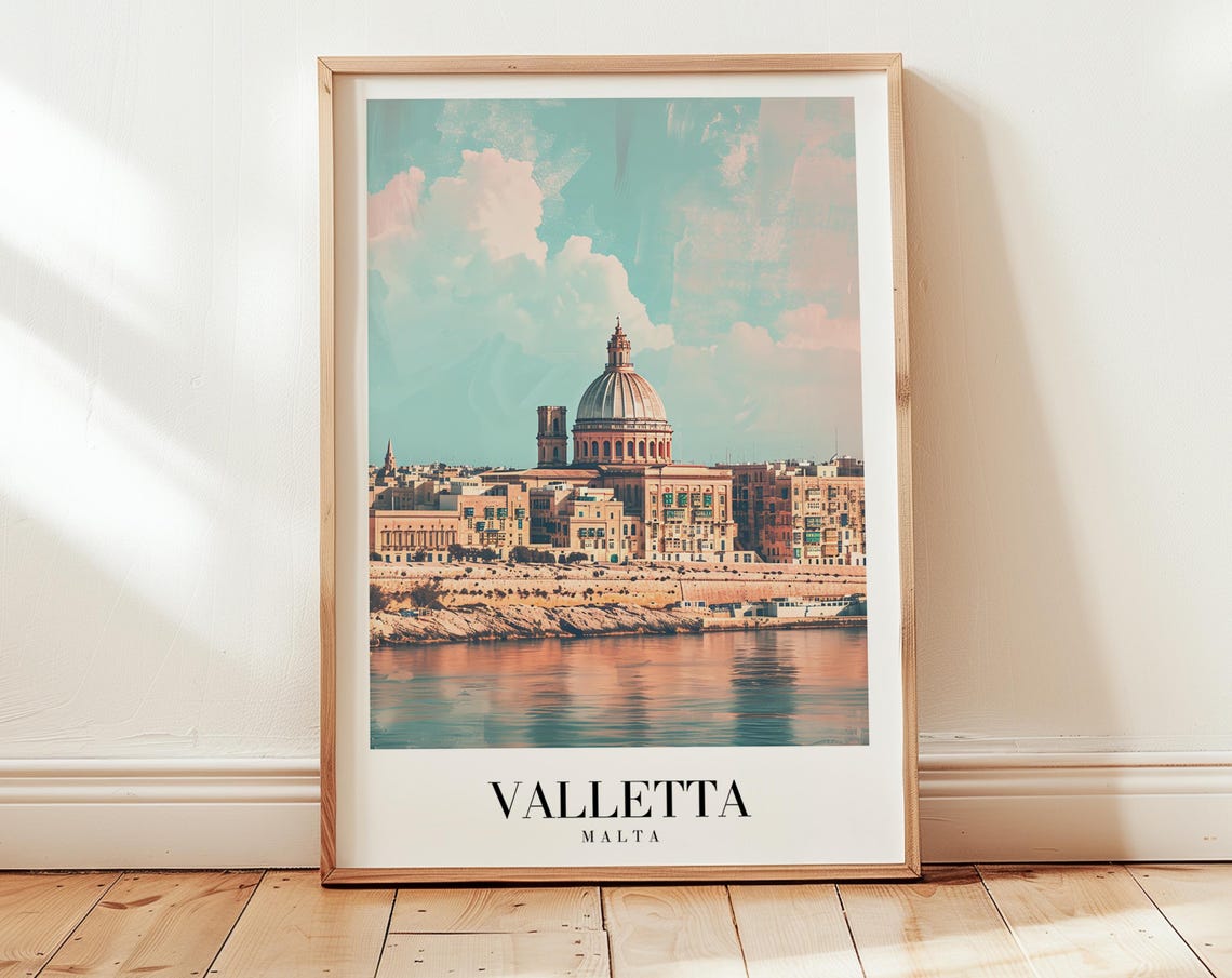 Valletta Malta Harbor Dome Waterfront Minimalist Travel Decor Poster
