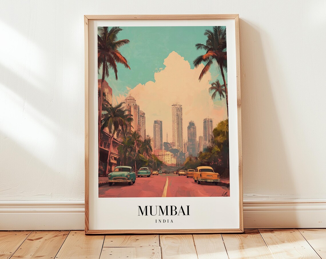 Mumbai India Classic Cars City Street Sunset Vintage Travel Poster