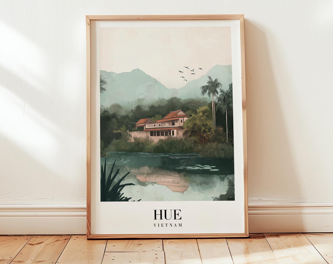 Hue Vietnam Riverside Villa Vintage Serene Dreamy Warm Travel Poster