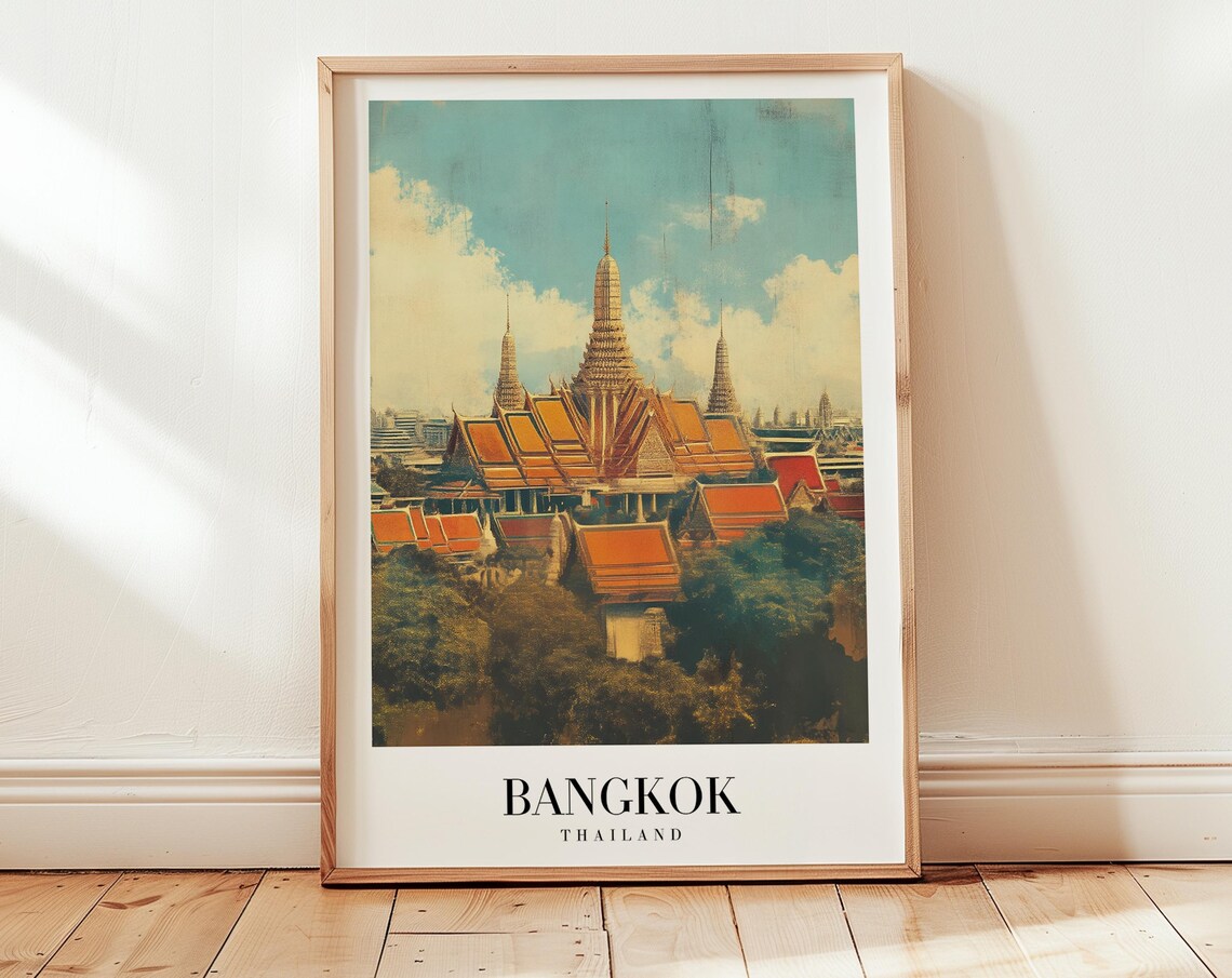 Bangkok Thailand Grand Palace Golden Spires Vintage Travel Poster