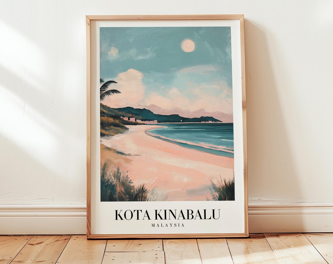 Kota Kinabalu Malaysia Serene Pastel Beach Moonlight Travel Poster