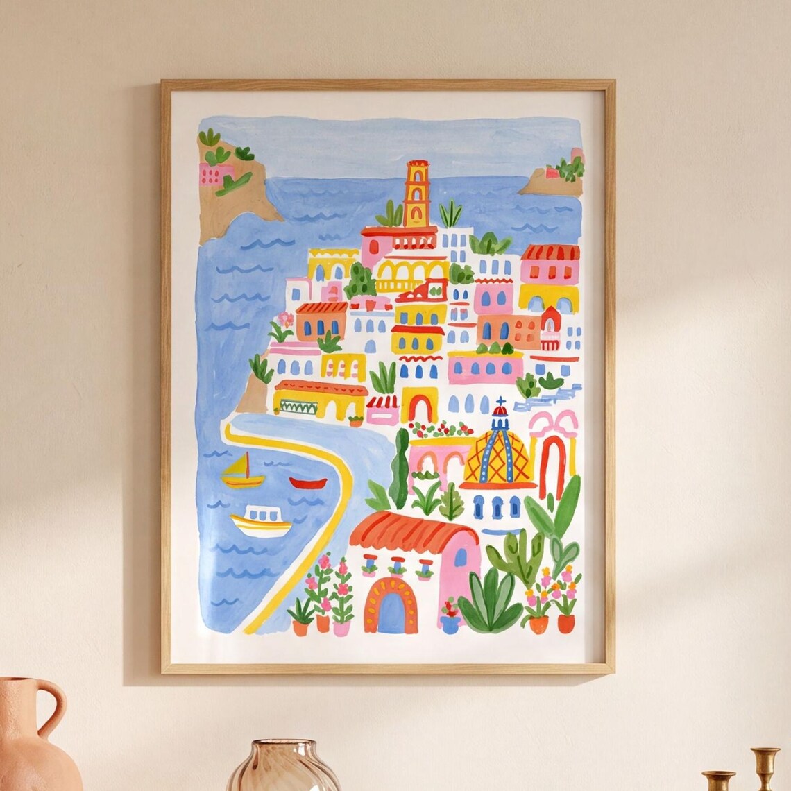 Positano Italy Travel Poster, Amalfi Coast Illustration
