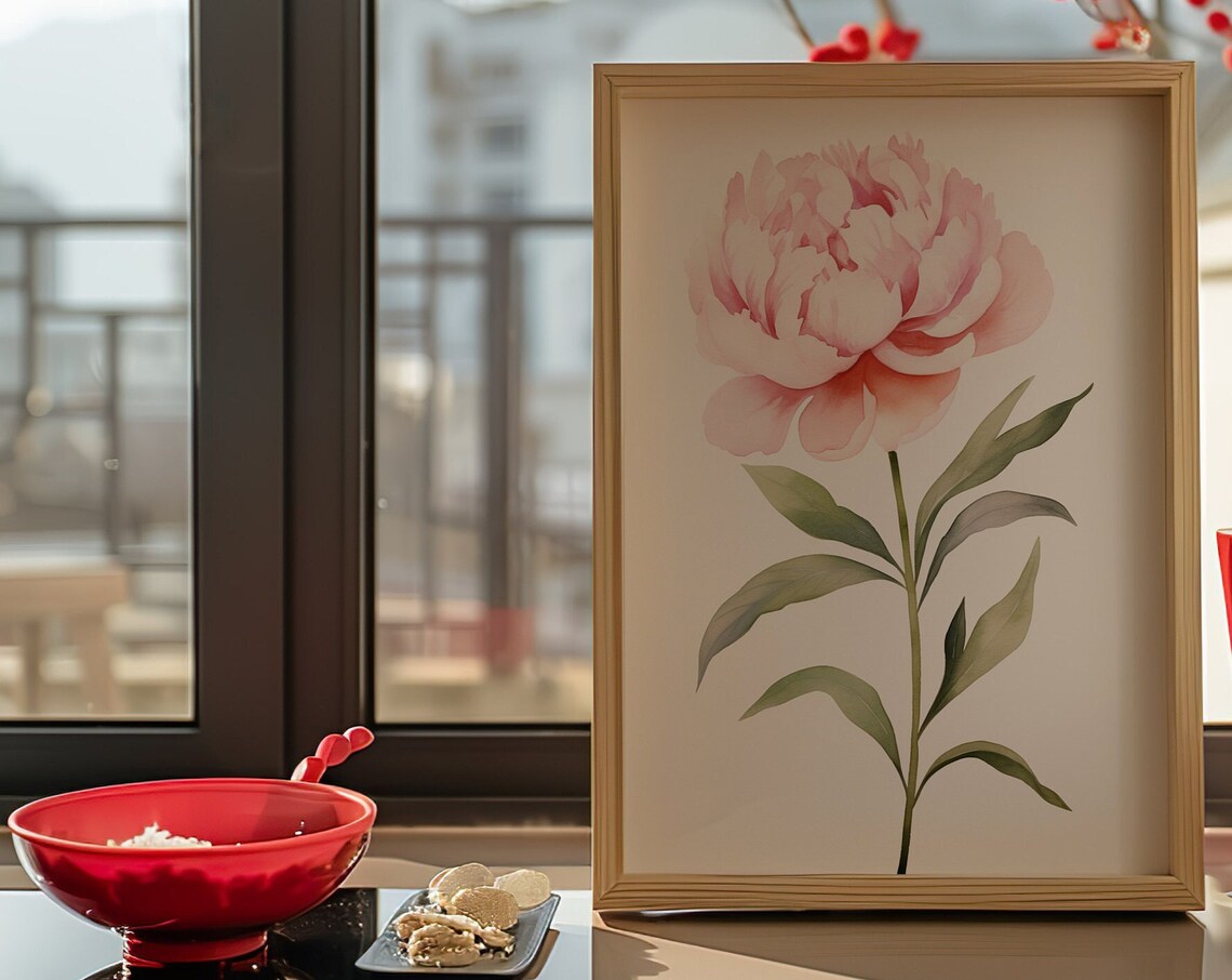 Pink Peony Single Bloom Graceful Watercolor Classic Floral Art Poster