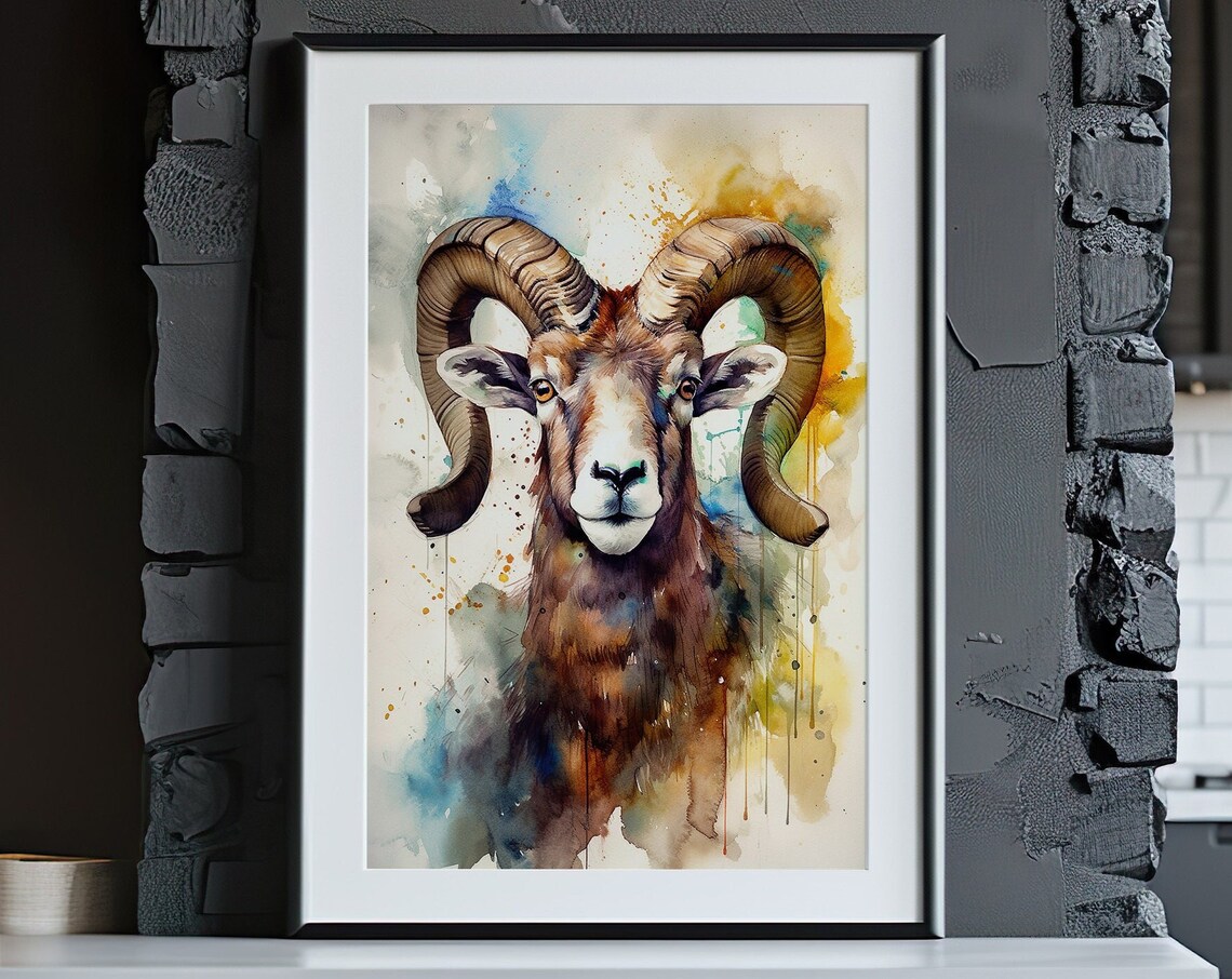 Bighorn Sheep Ram Watercolor Wildlife Portrait Rustic Art Poster