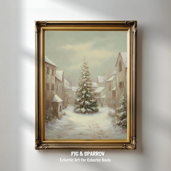 Snowy Christmas Village Painting Vintage Winter Holiday Wall Art