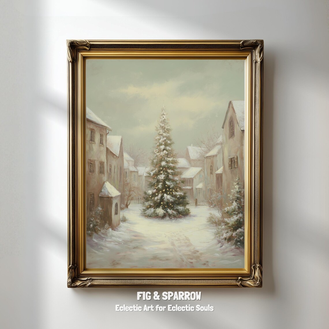 Snowy Christmas Village Painting Vintage Winter Holiday Wall Art