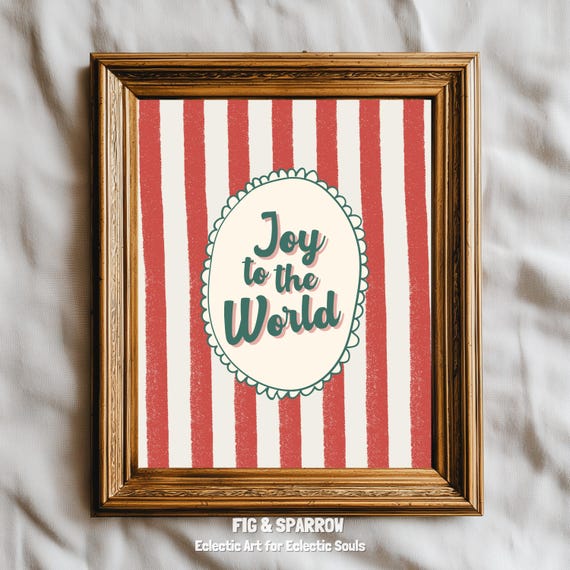 Joy to the World Christmas Typography Red Striped Vintage Wall Art