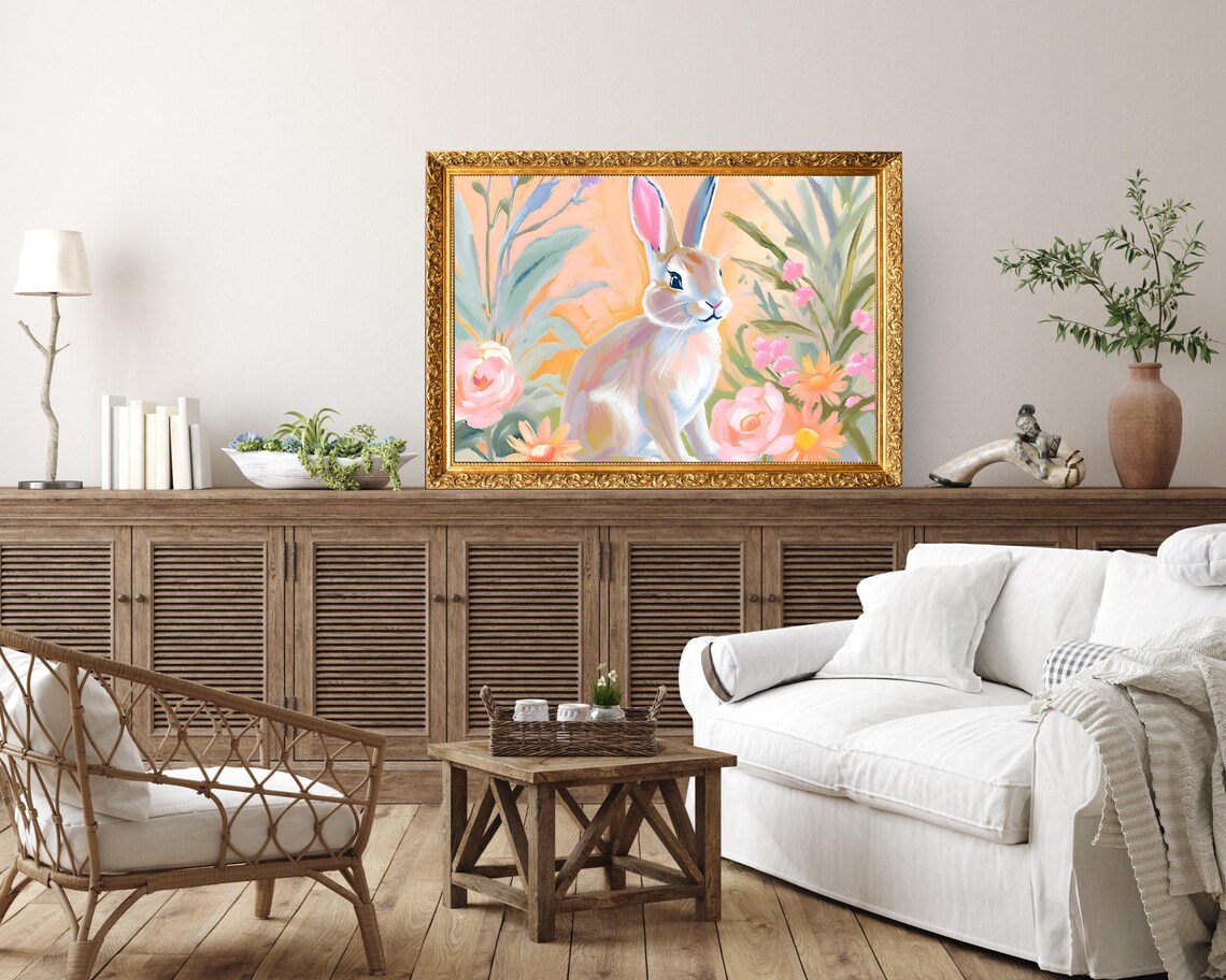 Pastel Bunny Rabbit Floral Spring Painting Whimsical Nursery Art Poster