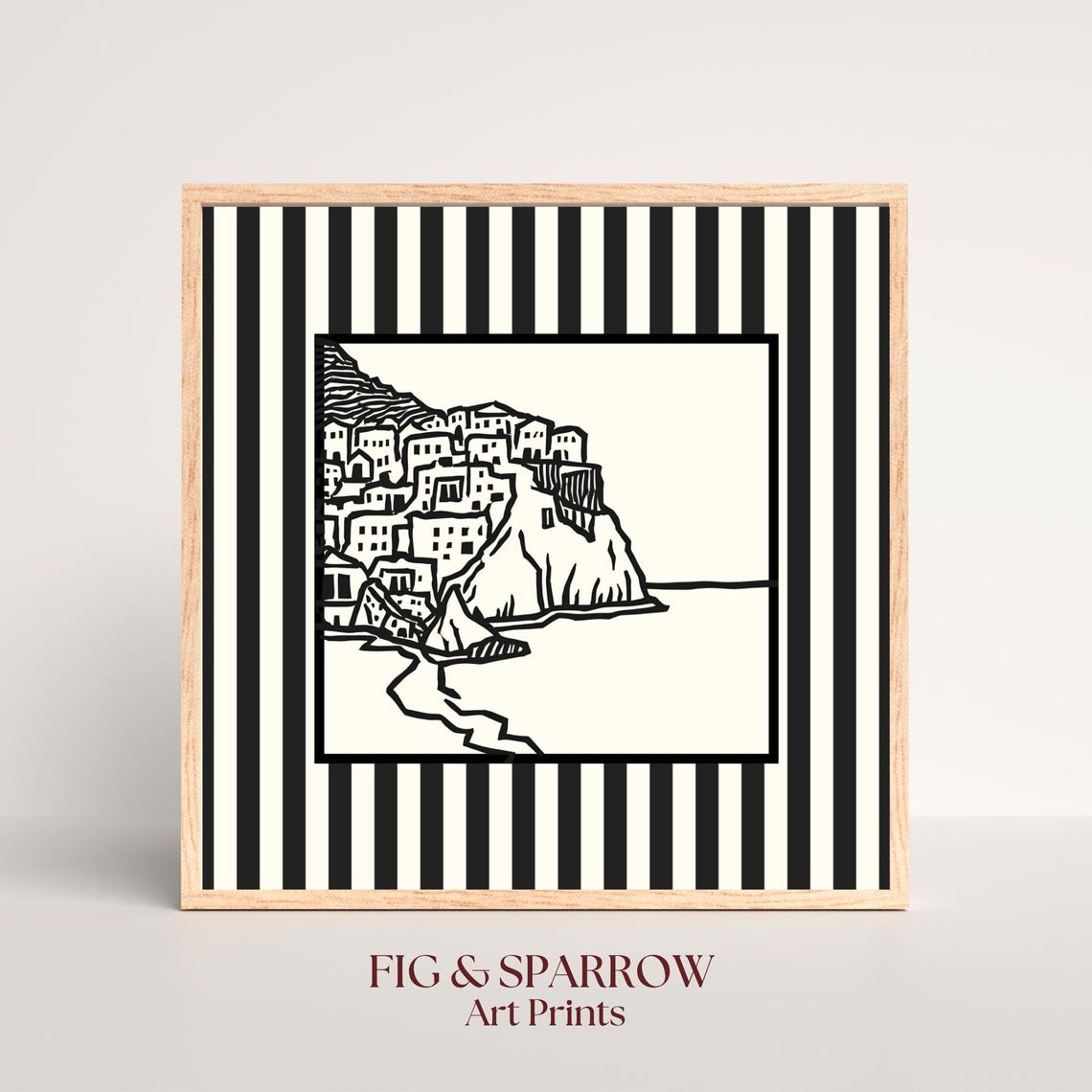 Coastal Cliffside Village Black and White Minimalist Line Art Print