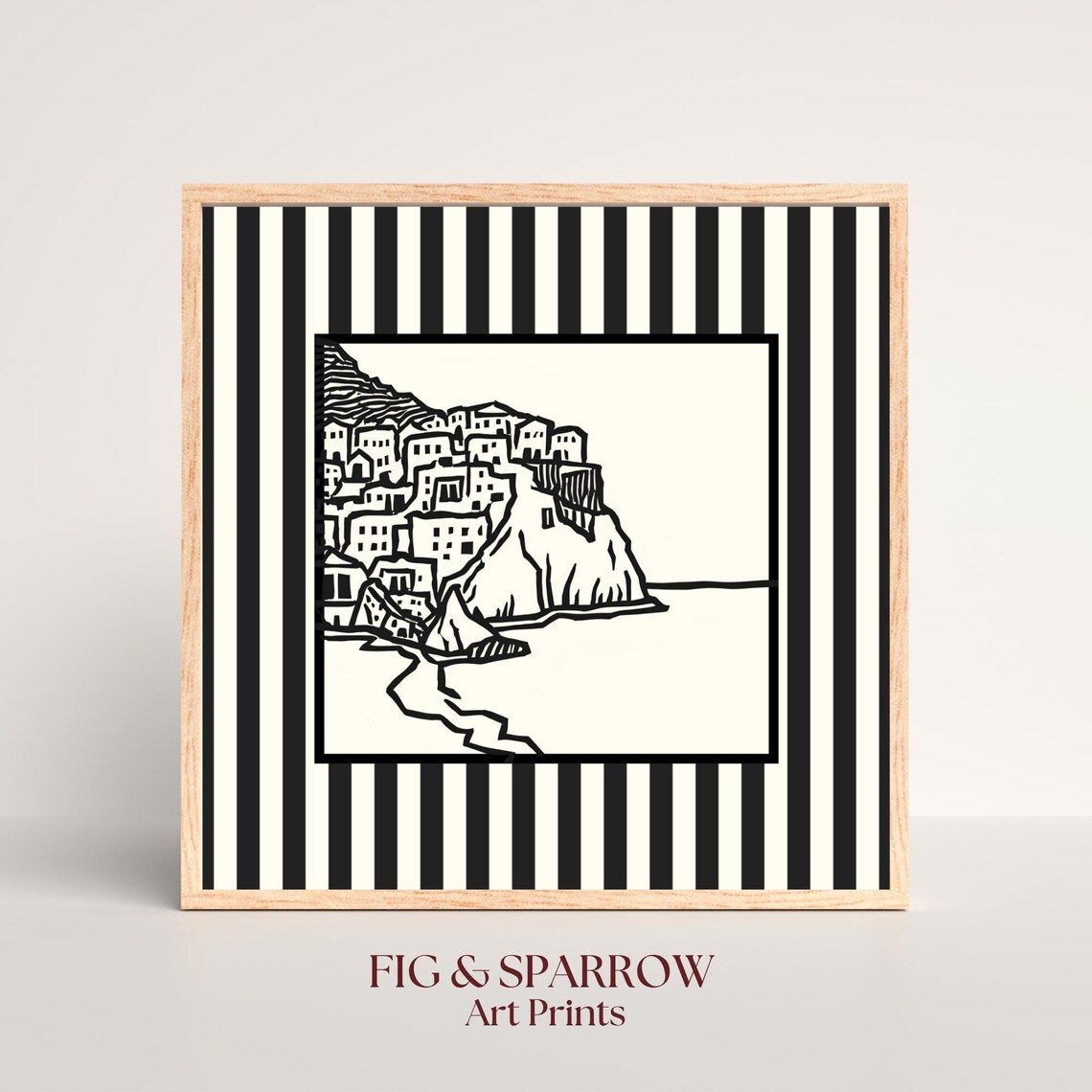 Coastal Village Art Print Minimalist Black And White Italian Cliffside