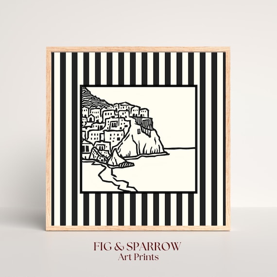 Coastal Cliffside Village Black and White Minimalist Line Art Print