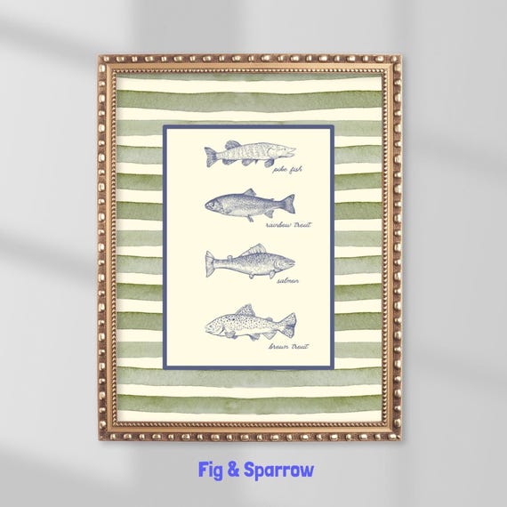 Vintage Fish Illustration Print Green Nautical Lake Cabin Art