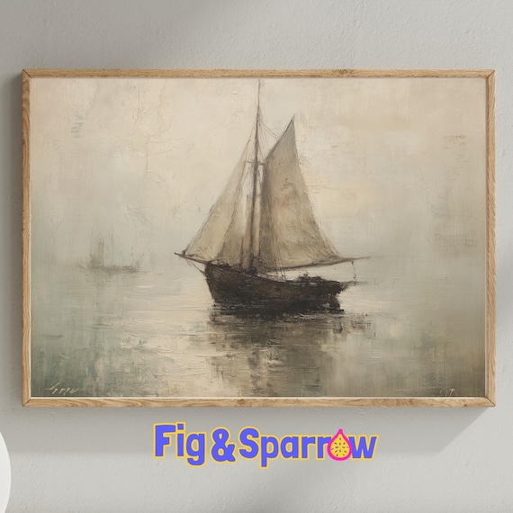 Misty Vintage Sailboat Painting Moody Tonal Tall Ship Seascape Art Print