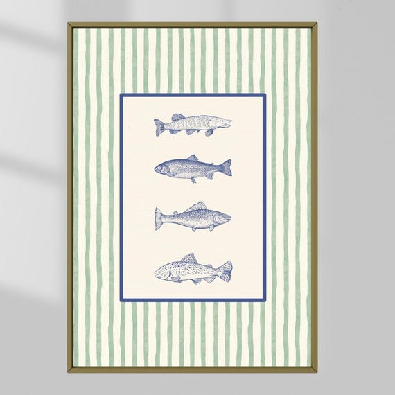 Vintage Fish Art Print, Blue Botanical Coastal Decor