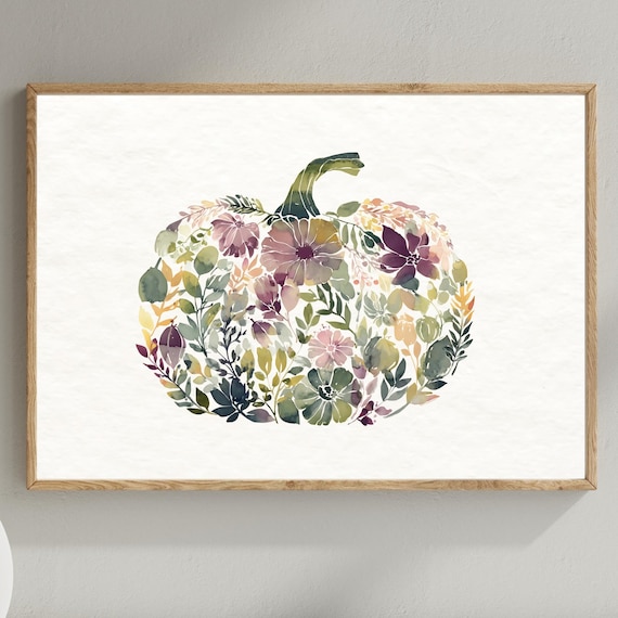 Watercolor Pumpkin Floral Print Autumn Harvest Thanksgiving Decor
