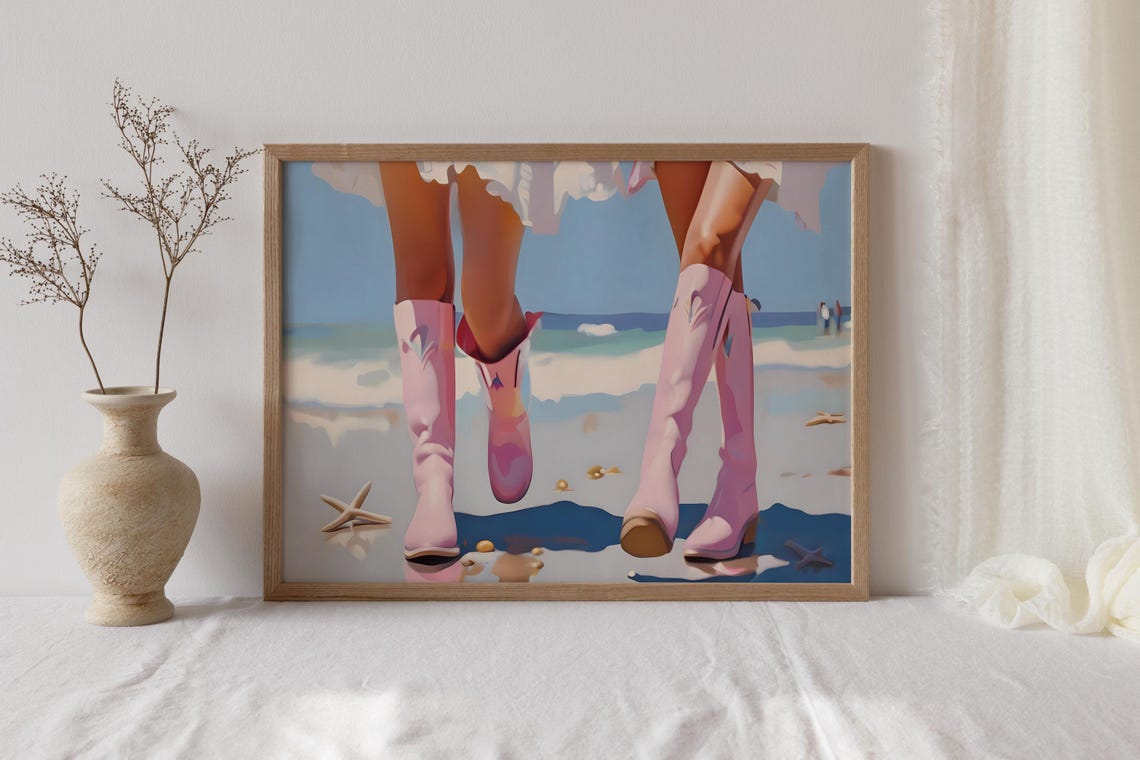 Pink Cowgirl Boots Starfish Beach Stroll Fun Western Day Poster - Image 2