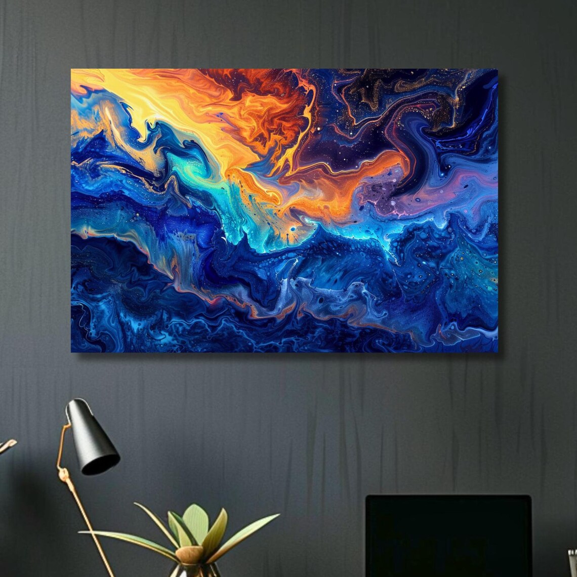Blue Orange Cosmic Fluid Abstract Marble Waves Modern Poster