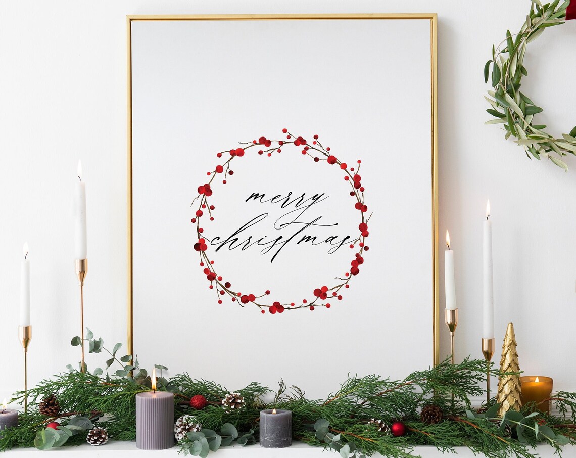 Merry Christmas Script Red Berry Wreath Elegant Holiday Art Poster