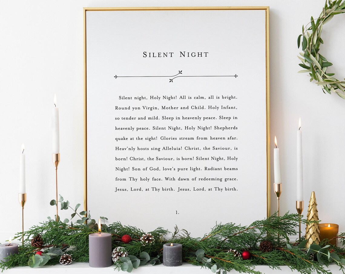 Silent Night Holy Night Christmas Carol Lyrics Vintage Art Poster