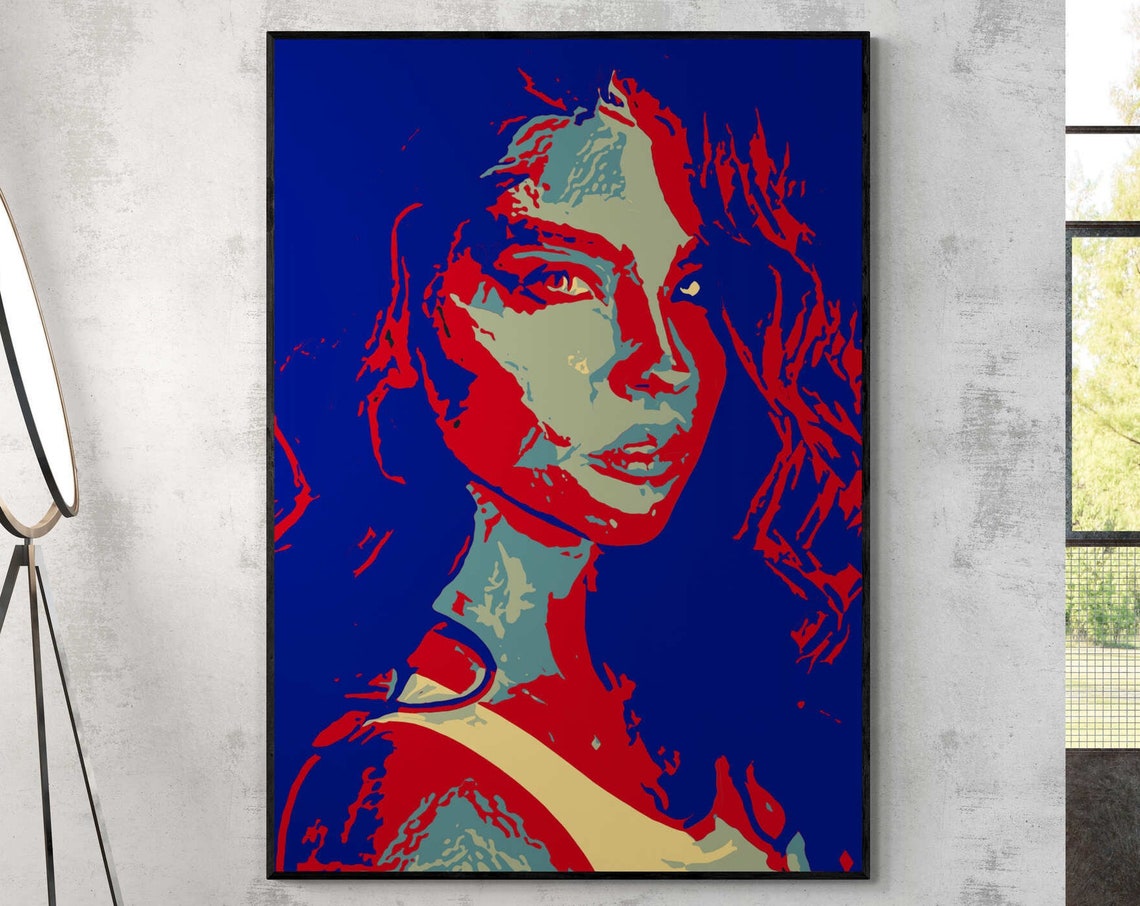 Dramatic Woman Portrait in Red and Blue Pop Art Style Poster Art
