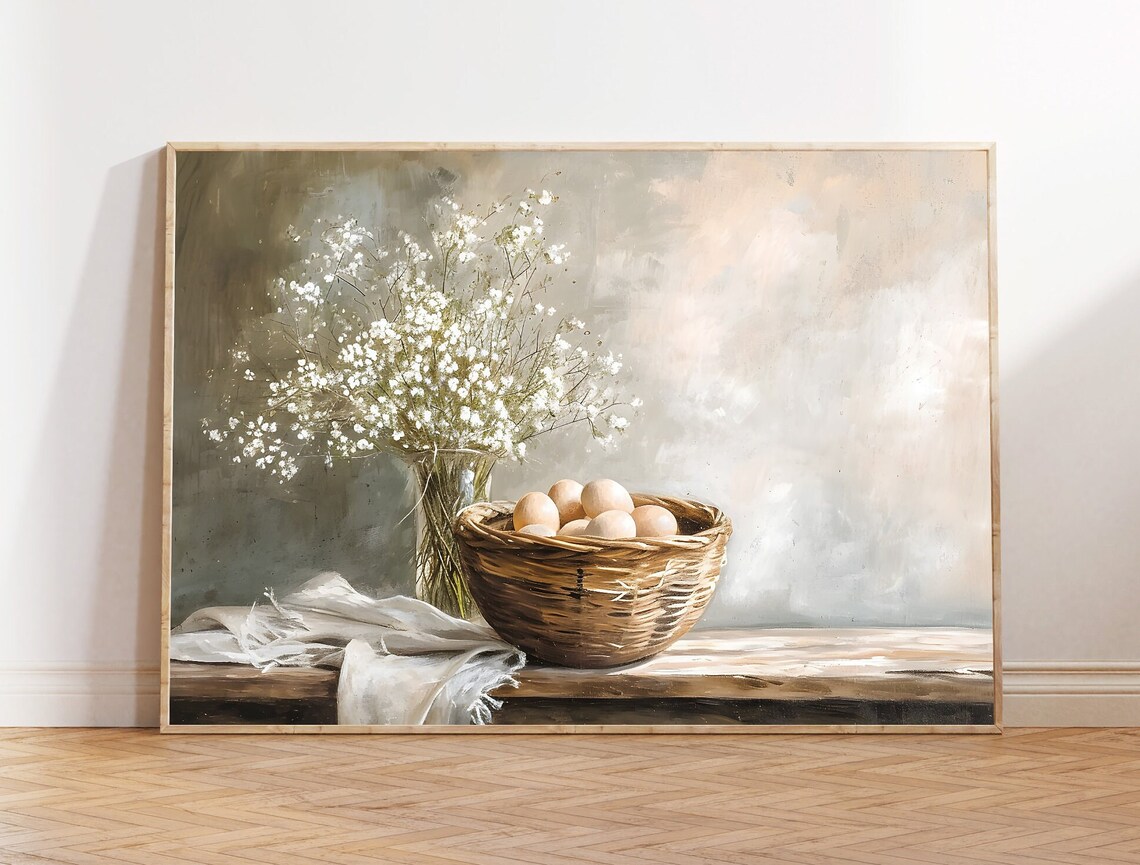 Basket of Eggs Painting, Farmhouse Kitchen Art Print