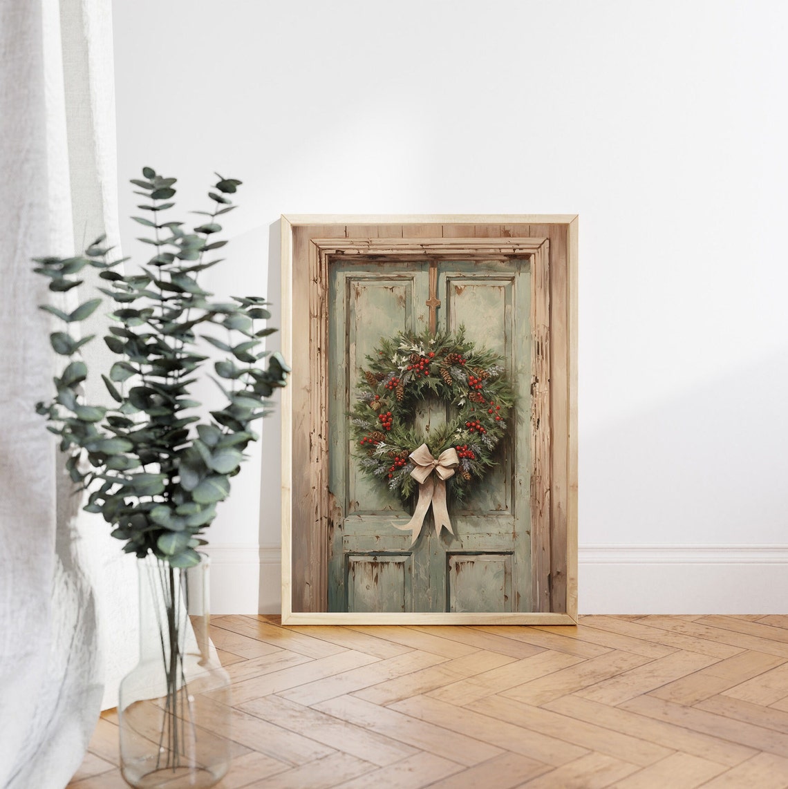 Christmas Wreath with Red Berries on Rustic Sage Green Door Poster - Image 4