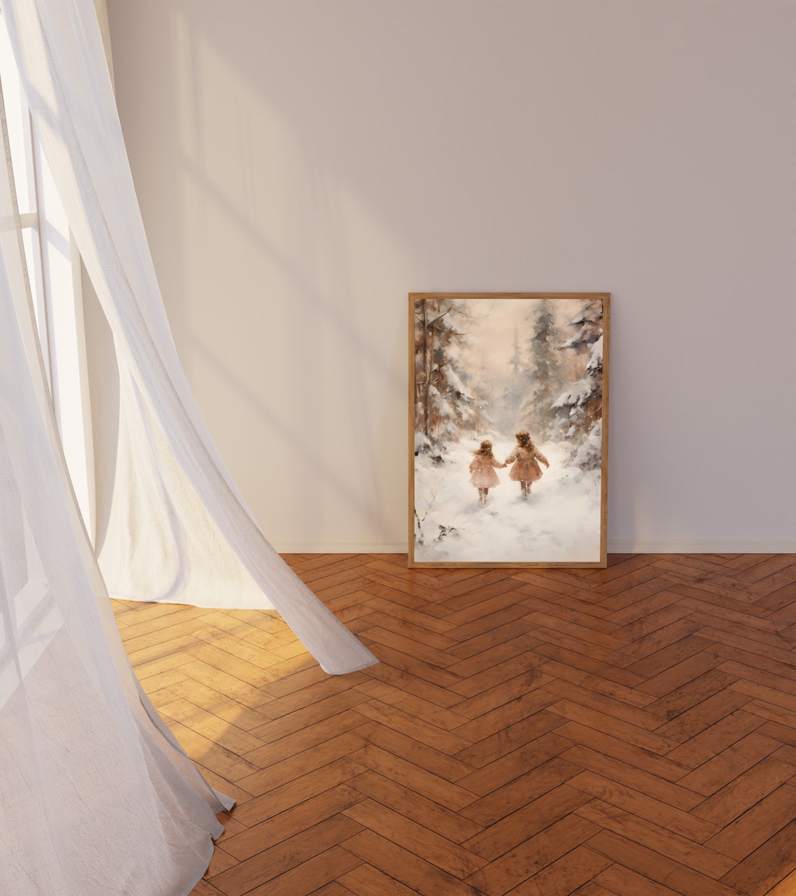 Little Girls On The Snow Winter Wall Art Winter Girls Room Wall Art Magical Winter Painting Snow Forest Art Print Christmas Kids Decor - Image 5