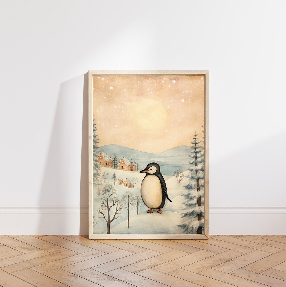 Cute Penguin in Snowy Village Moonlit Winter Watercolor Poster - Image 5